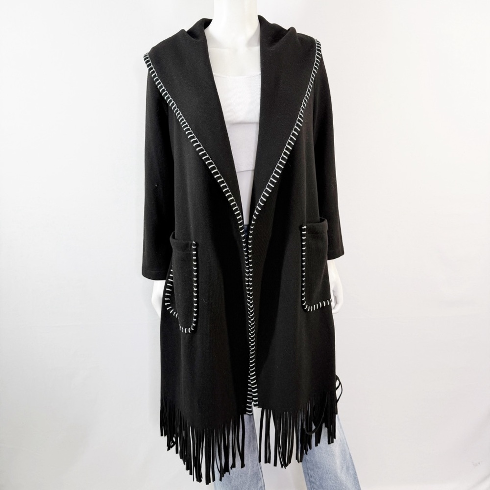 IPEKYOL Black Belted Fringe Duster Cardigan Size 4 Casual Boho Whimsigoth